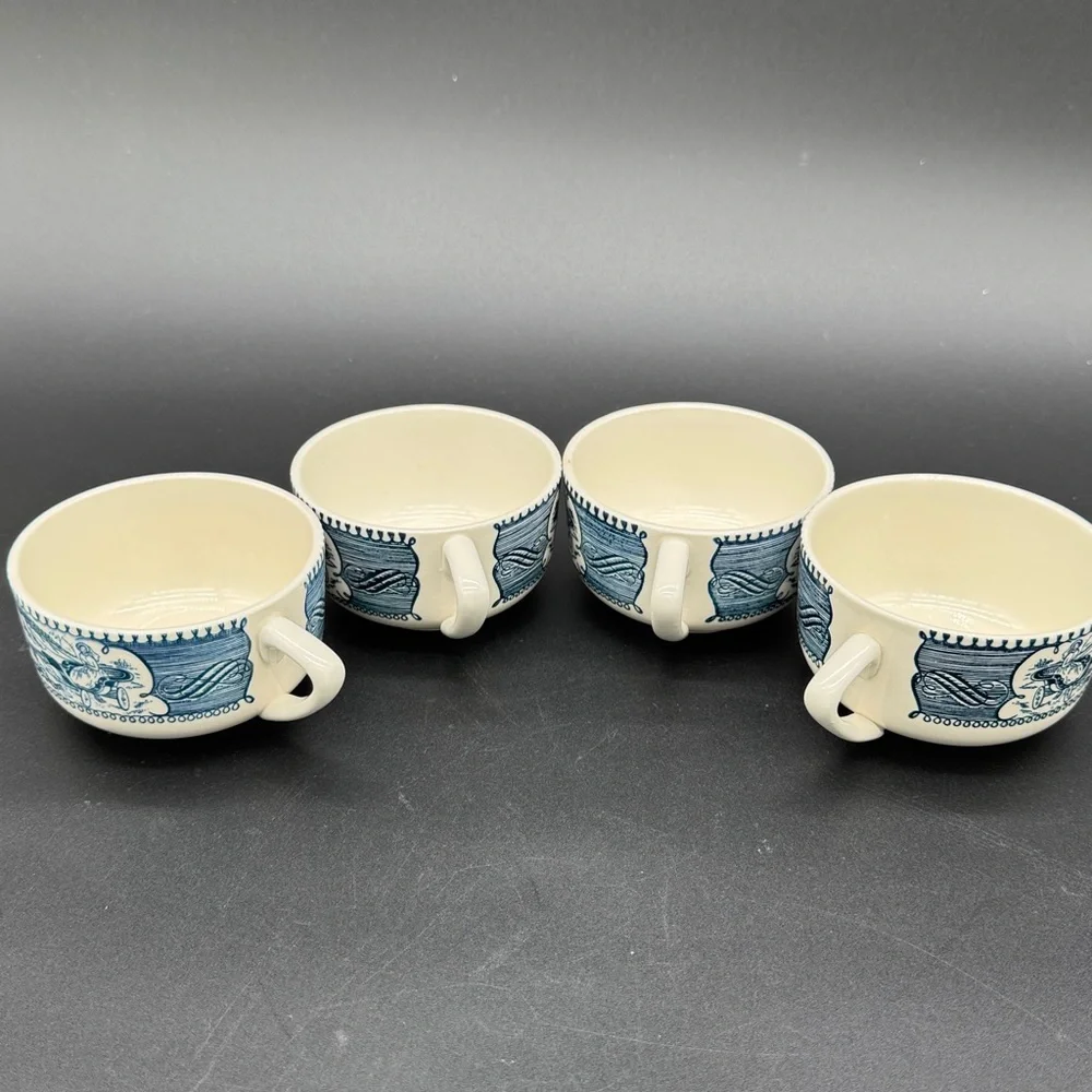 Currier & Ives Blue and Cream Ceramic Teacup Set